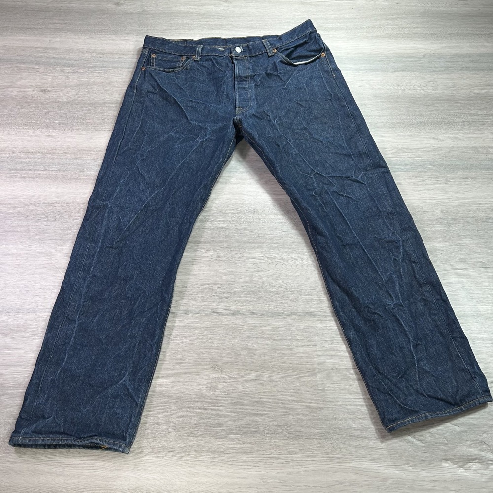 Levis 501 Jeans Mens 38x31 Blue Button Fly Straight Leg Distressed Denim ^